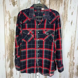Rock Creek Ranch, Vintage Flannel Plaid Pearl Snap Shirt. Size XL.
